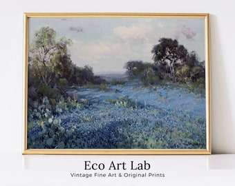 Spring Meadow Landscape Painting | PRINTABLE Vintage Landscape | Blue Bonnets at Late Afternoon | Texas Bluebonnets | Flower Field