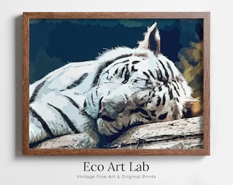 White Tiger Wall Art Print Poster, Year of the Tiger Printable Wall Art, White Tiger Painting Animal Print, Nature Wildlife Instant Download