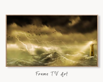 Lighthouse in a Stormy Sea Frame TV Art, Digital Download. Digital Art for TV: Coastal Wall Art, Ocean Artwork for The Frame TV