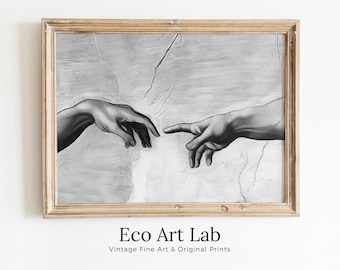 Michelangelo The Creation of Adam Famous Painting Reaching Hands in Black & White. PRINTABLE Vintage Classic Painting Downloadable Art