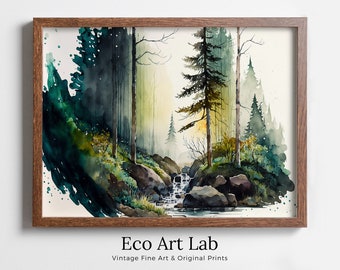 Green Forest Trees Watercolor Painting Print. Forest & River Landscape Printable. Printable Wall Art. Digital Art. Nature Decor. Forest Art