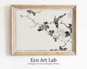 Robin Birds and Rose Vintage Japanese Painting. Japanese Wall Art Printable Poster. 19th Century Japanese Vintage Wall Art, Bird Asian Art