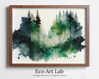 Art mural abstrait nature imprimable. Impression de peinture d'arbres de la forêt verte. Aquarelle paysage forestier imprimable. Peinture de forêt. Art numérique