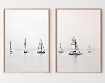Boats At Sea Set of 2 Prints, Nautical Wall Decor. Printable Wall Art Prints, 2 piece wall art Black and White Print Minimalist boat decor