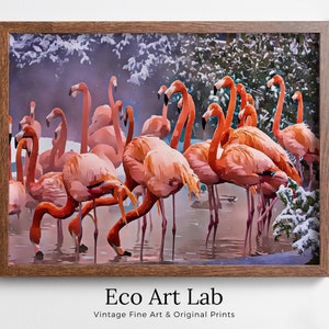 Impresión de flamenco en invierno, descarga digital instantánea, cartel de arte de pared imprimible, fotografía de aves, rosa pastel, decoración tropical