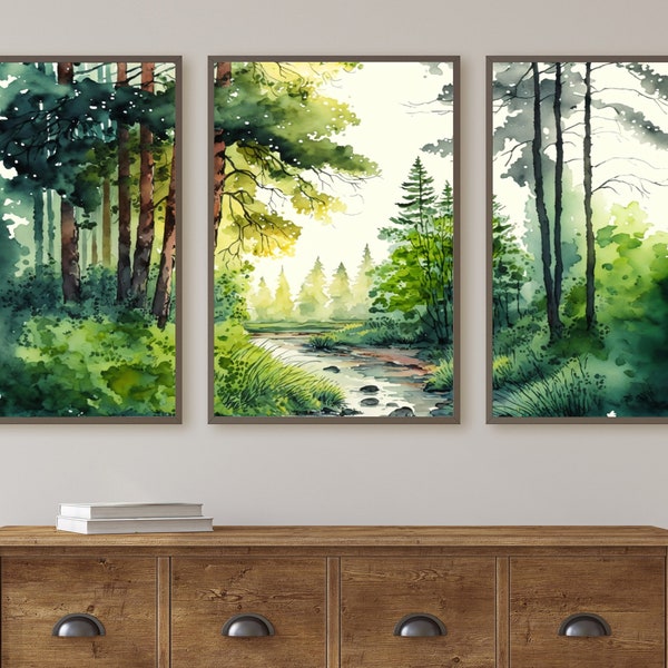 Lot de 3 impressions. Impressions aquarelles de paysages forestiers. Décoration murale en 3 pièces. Ensemble d'impressions de paysages naturels. Ensemble mural de galerie. Décoration d'intérieur moderne