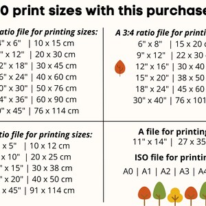 May include: A chart showing 20 different print sizes available for purchase. The chart is divided into four sections: A 2:3 ratio file, A 3:4 ratio file, A 4:5 ratio file, and a file for printing. Each section lists the print size in inches and centimeters. The chart also includes an ISO file for printing, which lists the sizes A0 through A5.