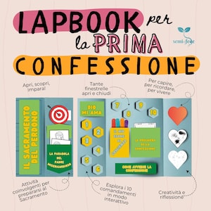 Può includere: Un lapbook trifold colorato con il titolo "LAPBOOK per la PRIMA CONFESSIONE". Il lapbook presenta elementi interattivi, tra cui finestre, cuori e caselle di testo, progettati per esplorare il sacramento della confessione.
