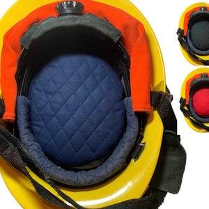 May include: A yellow safety helmet with a black strap and a blue quilted interior. The helmet has an orange lining and a black light on top. Two additional helmets with black and red interiors are also shown.