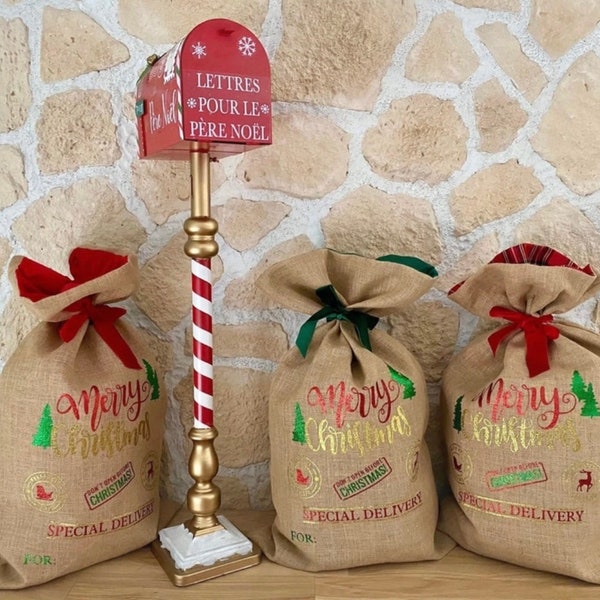 Hotte de Noël en toile de jute personnalisable