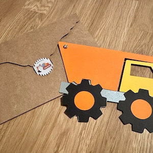 Carte d’invitation thème Chantier camion à assembler avec enveloppe