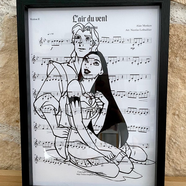 Affiche pocahontas et john smith Disney réalisée à la main encadrée dans un cadre noir