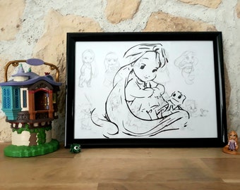 Handgemaakte ingelijste poster van Rapunzel en Pascal in Disney Animator