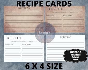Recipe Cards,Vintage style printable down loadable Recipe Cards two colors