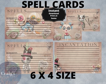 Wichcraft printable spell cards,recipe cards 6 x 4 digital download print at home witchcraft,incantation,spells,voodoo,pagan,voodoo doll