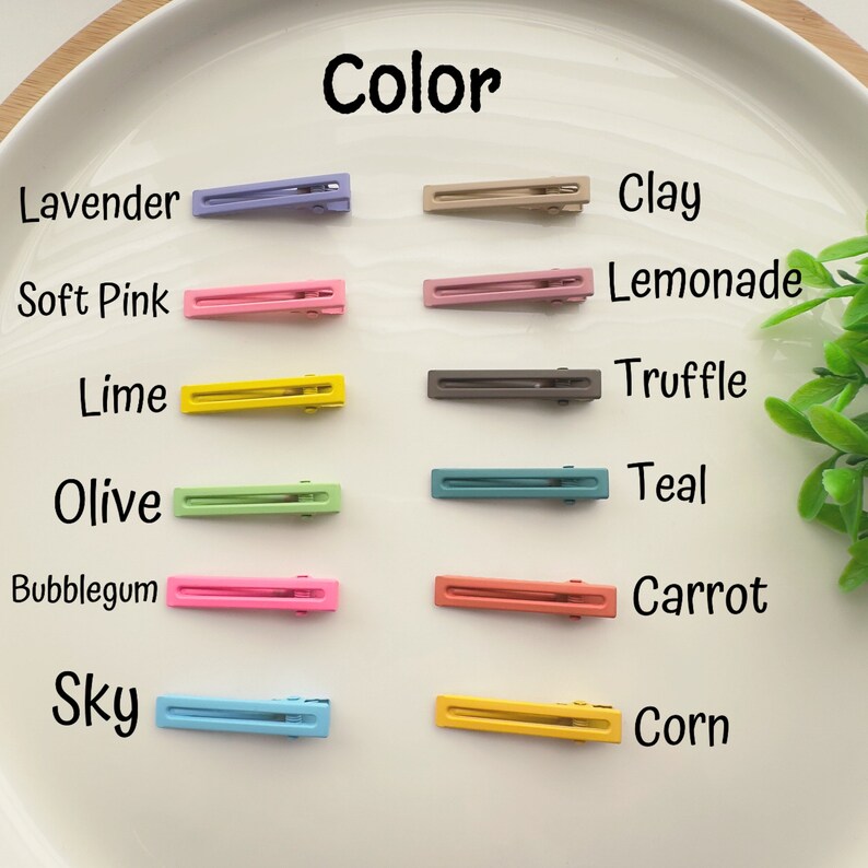 May include: Color chart showing ten different colors of hair clips. The colors are lavender, soft pink, lime, olive, bubblegum, sky, clay, lemonade, truffle, teal, carrot, and corn.