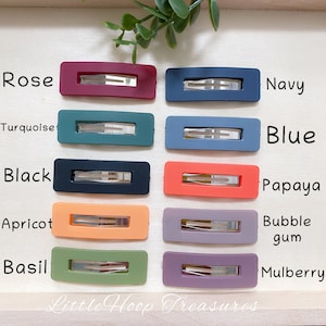 Puede incluir: Surtido de diez pinzas para el pelo rectangulares de colores vivos. Los colores son rosa, turquesa, negro, albaricoque, albahaca, azul marino, azul, papaya, chicle y mora. Las pinzas est&aacute;n dispuestas en dos filas de cinco. El texto "Little Hoop Treasures" est&aacute; en la parte inferior de la imagen.
