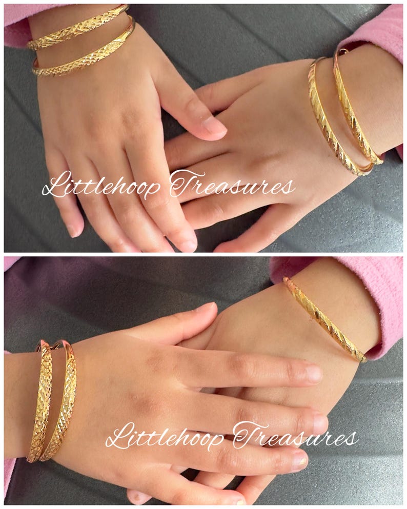 May include: Gold-colored bangles with textured designs. The image shows two sets of bangles on a person's hands. The bangles have a repeating pattern and a shiny finish. The text "Littlehoop Treasures" is visible in the image.