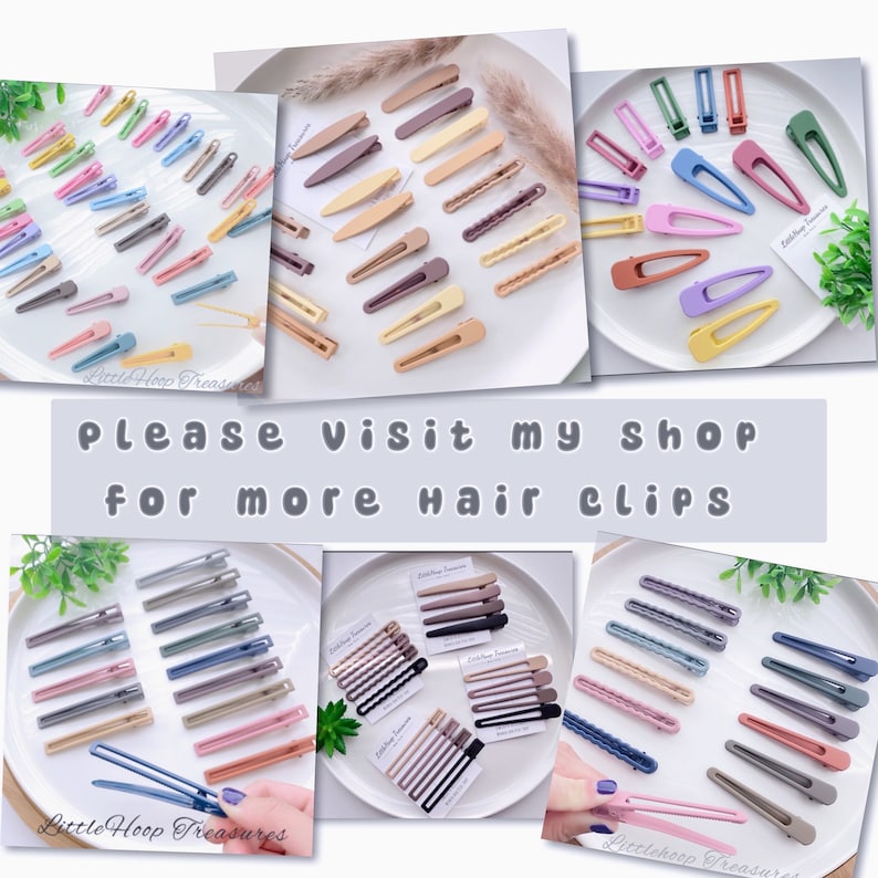 May include: Assortment of colorful plastic hair clips in various shapes and sizes. The clips are arranged on white plates with a white background. The text "Please visit my shop for more hair clips" is written in black text on a white background.