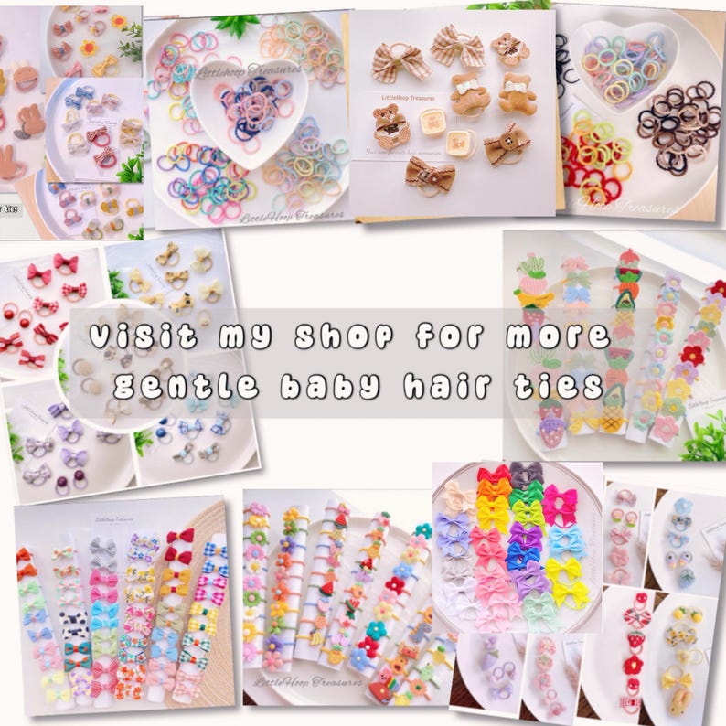 Puede incluir: Surtido de lazos para el pelo para beb&eacute;s, de colores y estampados variados. Los lazos para el pelo presentan lazos, flores y otros dise&ntilde;os lindos. La imagen tambi&eacute;n incluye el texto "Visita mi tienda para m&aacute;s lazos para el pelo suaves para beb&eacute;s".