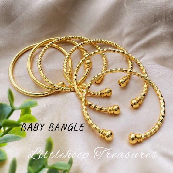 14K Yellow Gold Polished Satin and Diamond-cut Adjustable Baby Bangle  Bracelet - BillyTheTree Jewelry