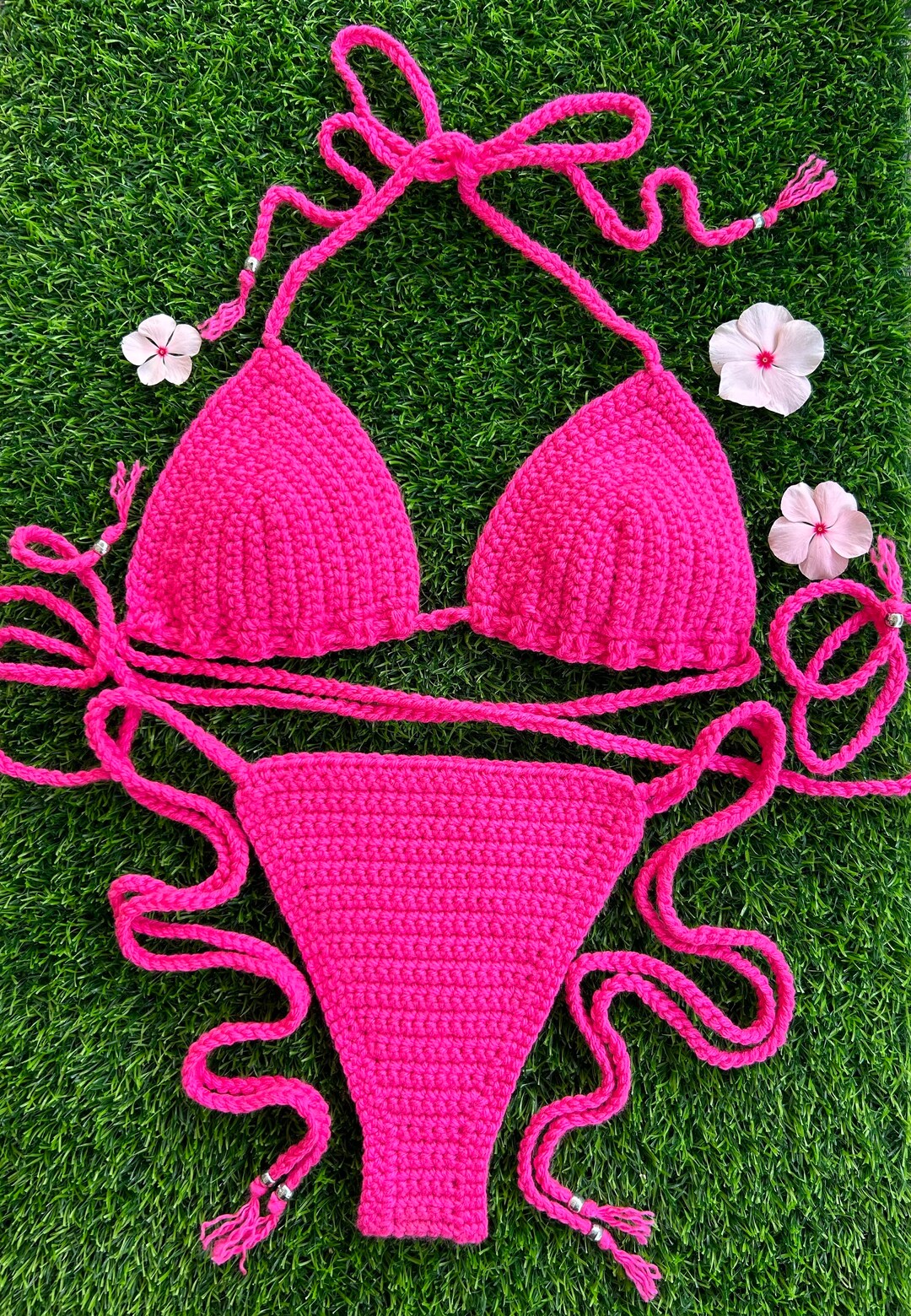 Beaded Crochet String Bikini Set in Hot Pink Etsy