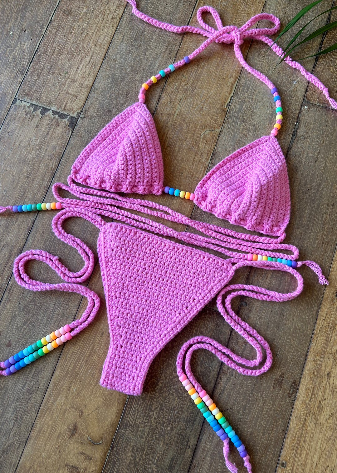 Rainbow Gradient Beaded Crochet String Bikini Set in Pink Etsy