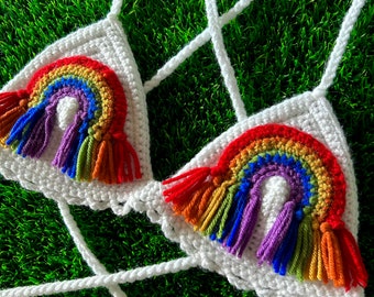 Rainbow Festival Solid Triangle Lacy Crochet Bikini/ Crop Top