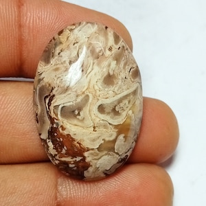 May include: A brown and white agate cabochon with a swirling pattern. The stone is oval shaped and has a smooth, polished surface.