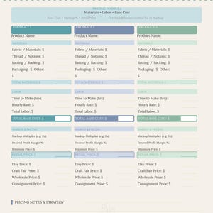 May include: A teal and white handmade product pricing worksheet. The worksheet includes sections for product name, materials, labor, markup, and pricing. It is designed to help users calculate costs and retail prices for handmade items.