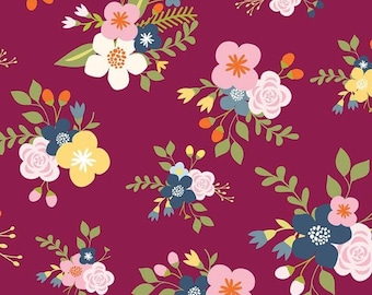 Flower fabric, Bloom and Grow Flowers in Burgundy Fabric, Quilting Fabric, multiple colorful flowers cotton fabric, quilting fabric