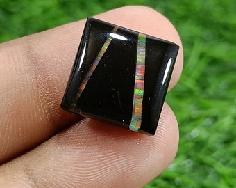 Cabochon di opale Aurora, forma quadrata, intagliato a mano, doppietto di opale Aurora, intagliato Gilson, pietra sciolta, opale di cristallo 15 x 5 mm, lucidato a mano