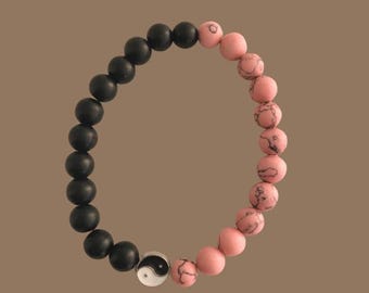 YIN & YANG- Howlite, Frosted Stone, Pink and Black Stretch Energy Bracelet- Looking For Your Soulmate? Wear This to Attract Him or Her ASAP!