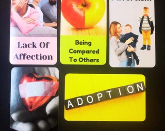 May include: A set of five rectangular cards featuring various images and text. The cards display the phrases Lack Of Affection, Being Compared To Others, Favoritism, Unloved, and ADOPTION, accompanied by illustrative photos of people and objects.