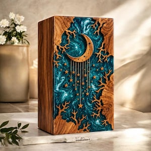 May include: A rectangular wooden box featuring a central inlay of swirling teal and blue resin. The design includes a crescent moon and hanging stars suspended by thin lines, surrounded by intricate, branch-like wooden cutouts.