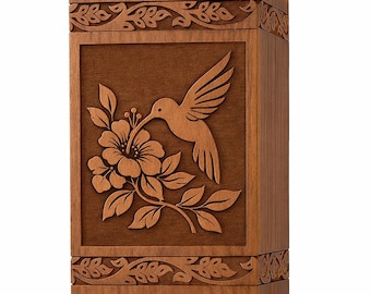 Hummingbird Cremation Urn | Floral Engraved Wooden Memorial Urn