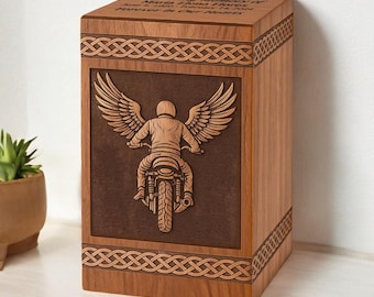 Urna conmemorativa para motociclistas / Caja de cremación de madera de acacia para motociclistas con alas de ángel