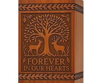 Deer Tree of Life Cremation Urn • Engraved Acacia Wood Ashes Box