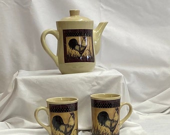 BI Inc Rooster Hen Country Morning Tea Pot and 2 mugs