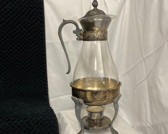 Vintage Glass Coffee Decanter & Warmer-Silver Plated-Handle-Carafe-Mid Century