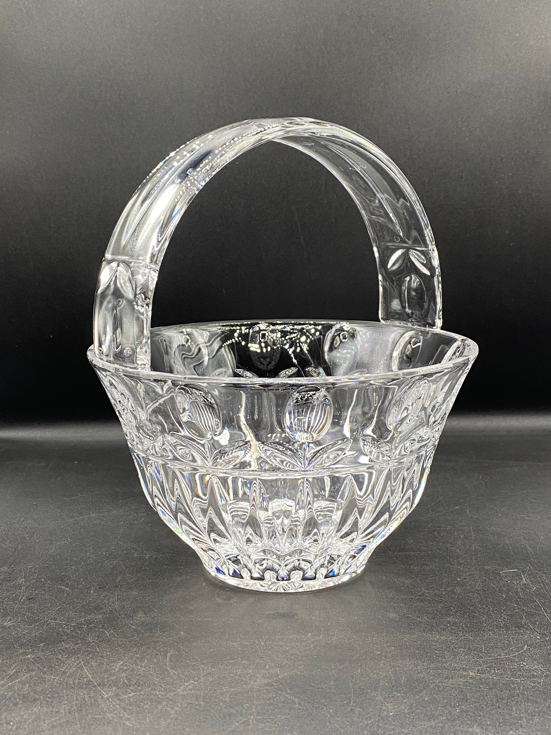 Vintage Heavy Large Lead Crystal Basket With Handle 7 Tall x 8.25