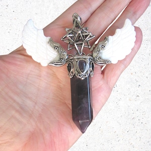 3.5&quot; Purple Fluorite Point Merkaba Merkabah Angel Wings Shell Silver Pendant, Esoteric Pendant, Metaphysical Pendant, Ascension Jewelry, 43g