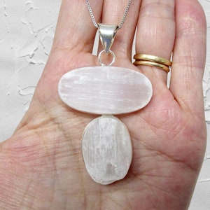 2.3&quot; Selenite Sterling Silver Pendant with Two Raw Natural Rough Selenite Crystal Stones in Unique OOAK Shape, 14g