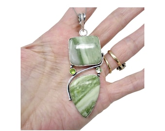 3" Variscite and Peridot Glass Crystal Sterling Silver Pendant Green Gemstone Jewelry to Help Increase Joy 15g