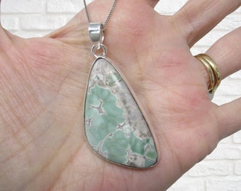 2.15" Variscite Crystal Sterling Silver Pendant Green Gemstone Jewelry to Help Increase Joy, Green Gray Stone Silver Pendant, 10g