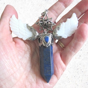 3.6&quot; Lapis Lazuli Point Merkaba Merkabah Angel Wings Shell Silver Pendant, Esoteric Pendant, Metaphysical Pendant, Ascension Jewelry, 48g