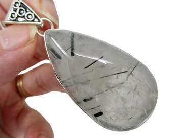 2.3" Black Tourmaline Tourmalinated Quartz Sterling Silver Pendant for Protection and Shielding 19g