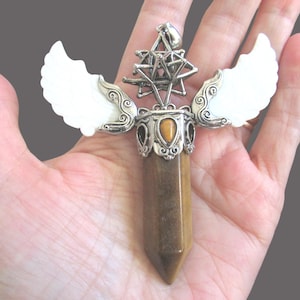3.5&quot; Tiger Eye Point Merkaba Merkabah Angel Wings Shell Silver Pendant, Esoteric Pendant, Metaphysical Pendant, Ascension Jewelry, 43g