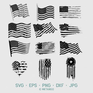 Puede incluir: Un conjunto de 12 diseños de banderas americanas en blanco y negro desgastados. Las banderas están en varios estilos, incluyendo ondeando, en forma de corazón y con un aspecto desgastado. Los diseños son perfectos para manualidades, scrapbooking y otros proyectos creativos.