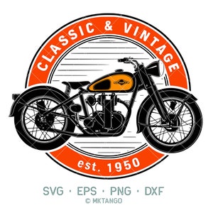 May include: A black and orange vintage motorcycle illustration with the text "Classic & Vintage est. 1950" in a red circle.